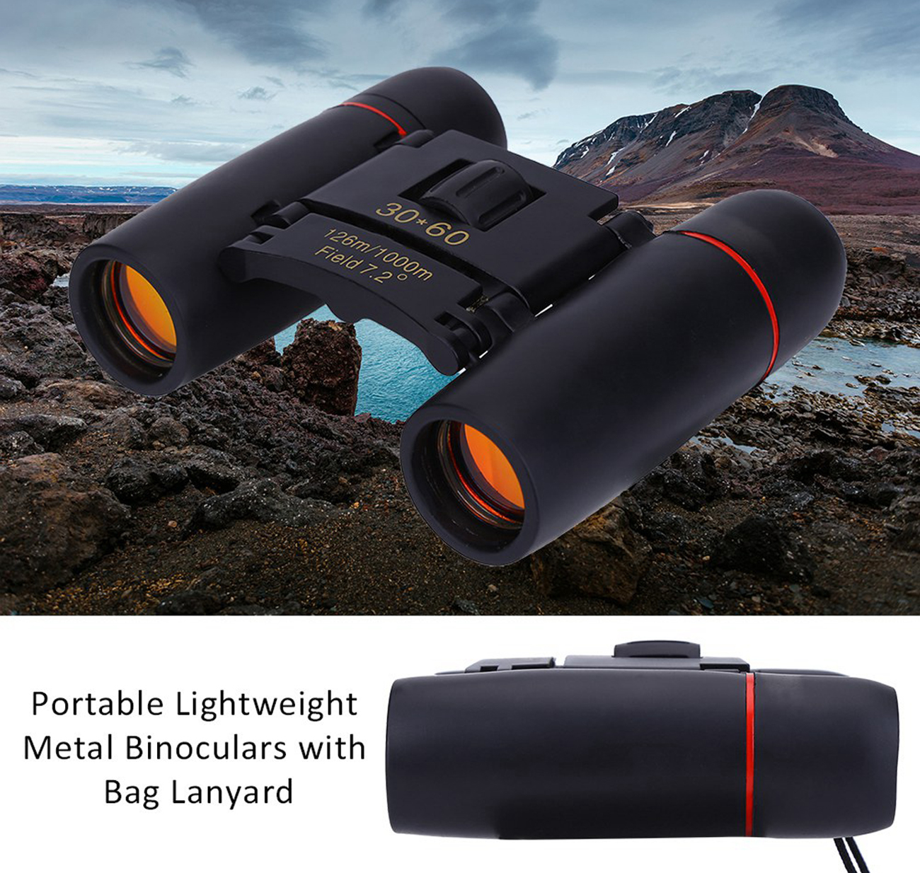 Hero Image: 30 x 60 Zoom Mini Day Night Vision Binoculars Outdoor Travel Telescope. Below it is protable lightweight bag landyard